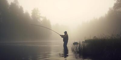 Fishing at Dawn Angler in the misty lake with fishing rod photo