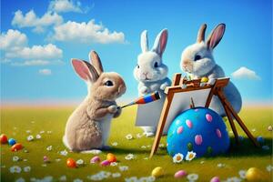 adorable pequeño Pascua de Resurrección conejitos sentado en un verde prado con azul cielo, pintura Pascua de Resurrección huevos ai generado foto