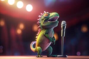 The Little Chameleon Rockstar Singing on Stage with a Microphone photo