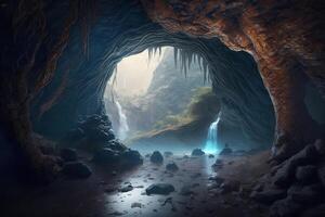 Enchanting View from Cave of Blue-Glowing Waterfalls and Streams among Rocks photo