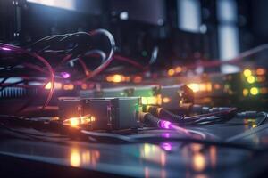 Fiber Optic Wires with LED Lights in Server Rack photo