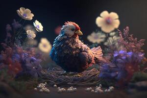 A Chicken Resting in a Nest Made of Flowers photo