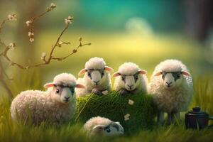 A Flock of Playful Fluffy Sheep Grazing on a Green Spring Meadow photo