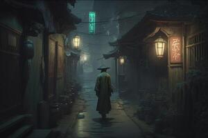 Lonely man wandering through mystical deserted streets of a Chinese village photo