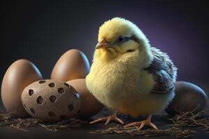 Adorable little chicken chicks with Easter eggs in a basket photo