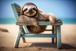 Exhausted and happy sloth lies in a deck chair on vacation photo