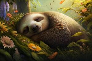 Exhausted and tired sloth lies among flowers in a meadow in spring and sleeps photo