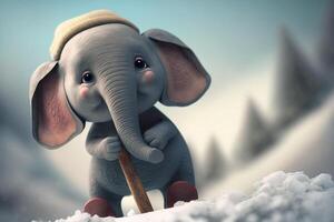 Adorable Little Elephant Playing in the Snow with Hat, Coat, and Scarf photo