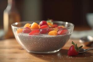 Healthy breakfast bowl with chia seed pudding and fresh fruits photo