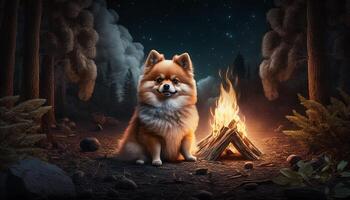 pomeranio perro reflexiona el prodigiosamente pacífico, prístino bosque fuego ai generado foto