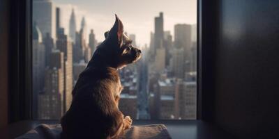 nostalgia puntos de vista un perro mirando fuera de un Alto ventana sobre un bullicioso paisaje urbano ai generado foto