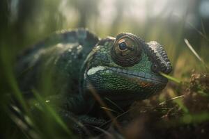 Camouflaged Chameleon Relaxing in Green Grass photo