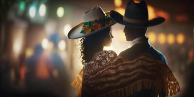 un mexicano Pareja bailando en tradicional ropa con sombreros y bokeh ai generado foto