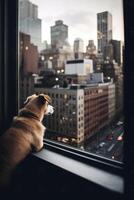 nostalgia puntos de vista un perro mirando fuera de un Alto ventana sobre un bullicioso paisaje urbano ai generado foto