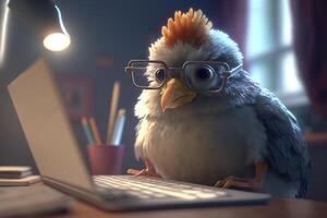 The nerdy chicken typing away on the laptop photo