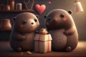 Illustration two funny moles with hearts and gifts Valentine's Day Wedding Anniversary Mother's Day content photo