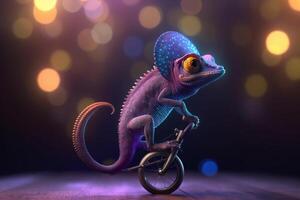 The Funny Chameleon Riding a Unicycle in a Circus Performance photo