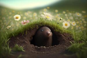 Illustration funny mole looks out of his molehill on a green meadow content photo