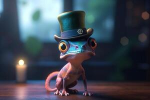 el apuesto camaleón un fotorrealista y juguetón dibujos animados con un parte superior sombrero ai generado foto
