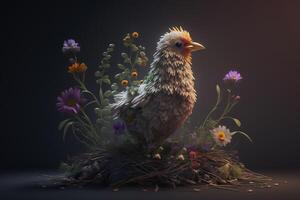 A Chicken Resting in a Nest Made of Flowers photo