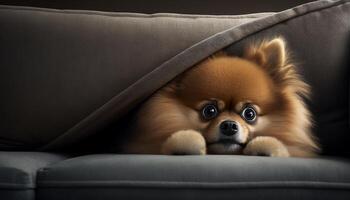 Cozy Pomeranian Pup Taking a Relaxing Couch Nap photo