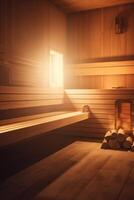 radiante sauna un sereno escapar con rayos de sol y calentar madera ai generado foto