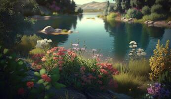un sereno turquesa lago anidado en un Valle rodeado por lozano verde prados y floreciente flores ai generado foto