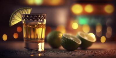 A still life of colorful glasses and bottles of tequila and mezcal, a Mexican spirit, creates a beautiful bokeh effect. photo