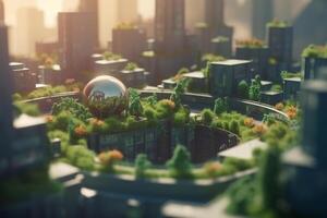 Green metropolis of the future High-tech city with lush vegetation and clear skies photo