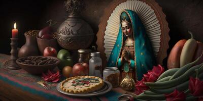 devoción a el Virgen de guadalupe sagrado de madera figura para el mexicano fiesta ai generado foto