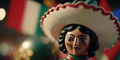 Mexican Wood Carving of Revolutionary Figure in Sombrero Celebrating Mexican Revolution Day  AI generated photo