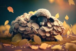 Adorable Sheep in a Pile of Autumn Leaves on a Sunny Fall Day in the Woods photo