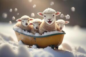 un grupo de adorable pequeño oveja trineo abajo Nevado colinas para invierno divertido ai generado foto