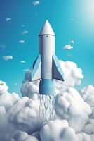 White Rocket Model Flying Through Cloudy Blue Skies as a Symbol of Startup Success and Innovation photo