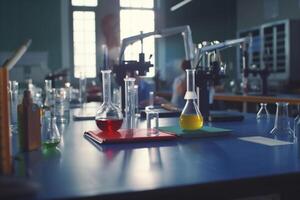 Illuminated High School Chemistry Laboratory with Students Conducting Experiments photo