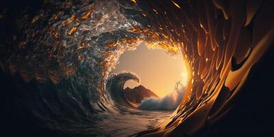 Illustration Looking through a dramatic ocean wave at sunset content photo