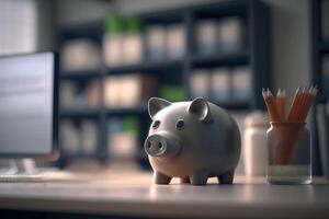 Piggy Bank on a Desk in an Office Setting with Stationery Supplies photo