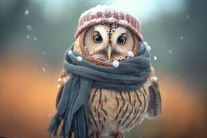 Owl with scarf and hat in cold winter photo