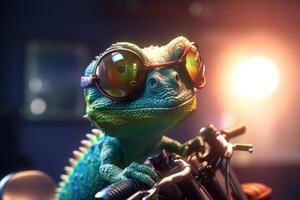 The Cool Chameleon Biker with Goggles on His Motorcycle photo