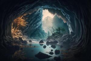 Enchanting View from Cave of Blue-Glowing Waterfalls and Streams among Rocks photo