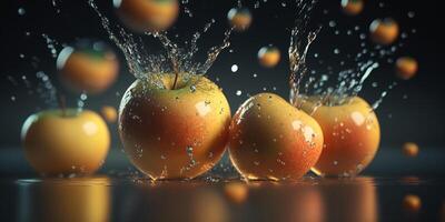 varios manzanas que cae dentro agua - un digital ilustración representando el onda efecto de Fruta impacto ai generado foto