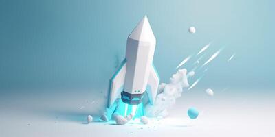 Symbolic 3D Rendering of White Rocket Model against Blue Background for Startup Concepts photo