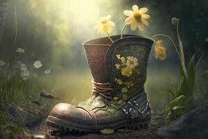 Old rubber boots planted with flowers in the garden photo