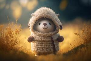 Fluffy adventurers Cute little sheep in their woolen coats exploring the golden meadow photo