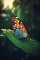 escarlata escarabajo en un vibrante verde hoja en el selva ai generado foto