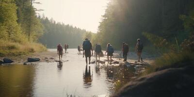 Exploring the Outdoors Group Hiking and Camping by the River with Backpacks photo