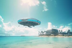 City in the Sky AI-powered Flying Cities and Spaceships over the Azure Sea photo