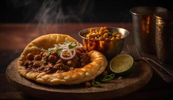 delicioso chole bhature - un sabroso indio plato con vapor creciente en contra un oscuro antecedentes ai generado foto