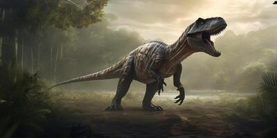 King of the Prehistoric Realm Realistic Illustration of Tyrannosaurus Rex in its Ancient Habitat photo