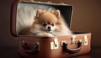 Listo para el viaje adorable pomeranio perro sentado en un maleta ai generado foto